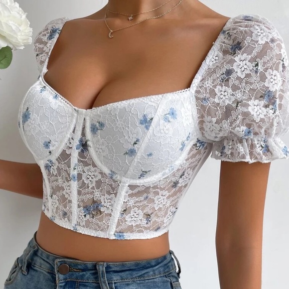 Boho Floral Lace Puff Sleeve Top - Picture 2 of 5